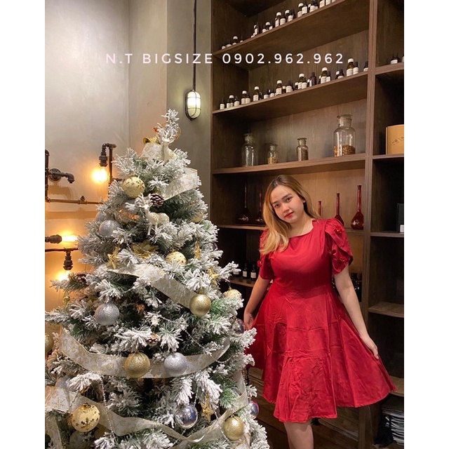 N.T BIGSIZE đầm đỏ cài tag hoa