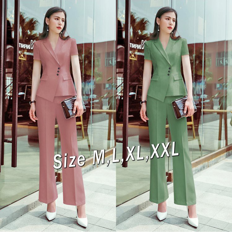 Set nguyên bộ vest quần ống suông hai túi giả thiết kế cao cấp