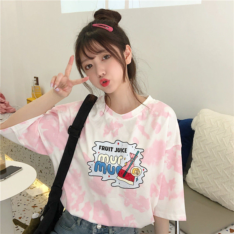 Áo thun nữ BH tay ngắn dáng rộng họa tiết nhuộm màu loang thời trang phong cách Hàn Quốc