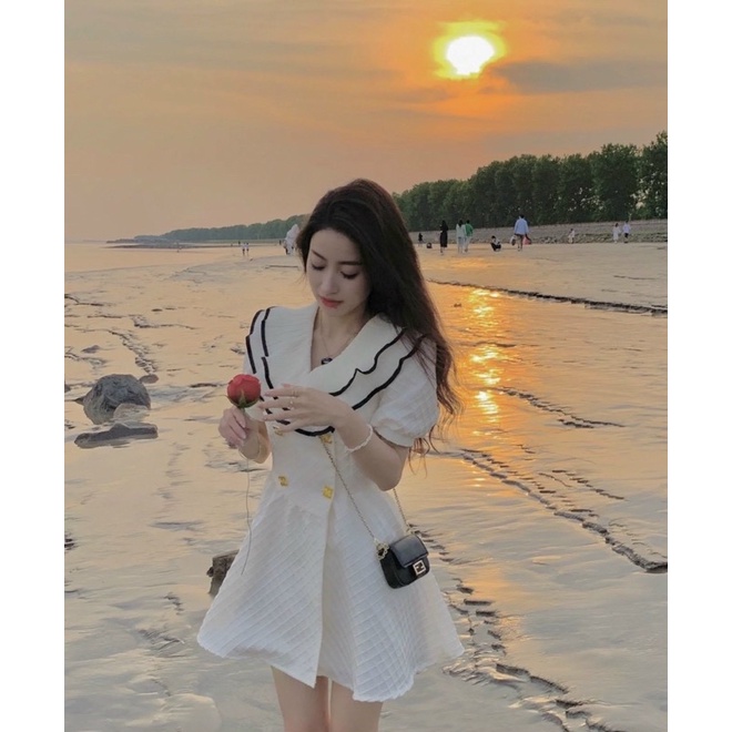ĐẦM DẠ XỐP CỔ VIỀN ĐEN BÈO