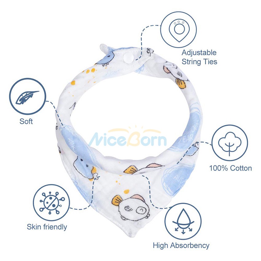 Set 5 yếm ăn 100% Cotton mềm mại thấm hút tốt 6 lớp cho bé