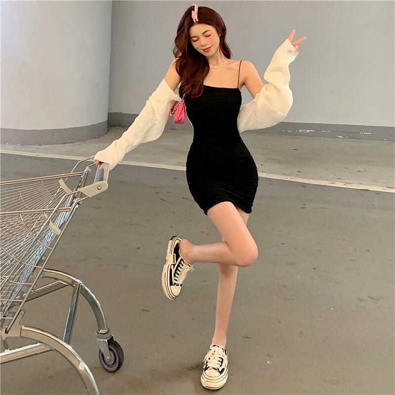 Happy-store  Đầm Ôm hai dây trễ vai Dáng Màu Trơn Thời Trang Mùa Hè Phong Cách Hàn Quốc Cho Nữ