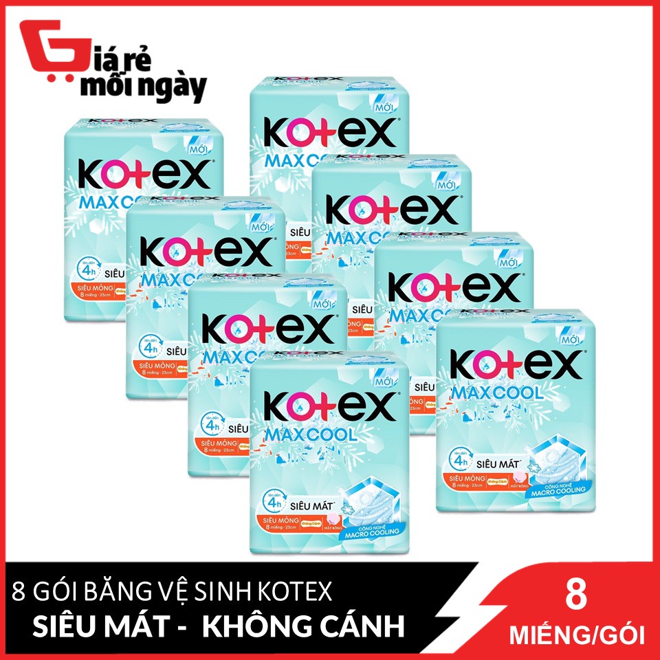 Combo 8 Băng Vệ Sinh Siêu Mỏng Không Cánh 23cm 8 Miếng Kotex MaxCool Mặt Bông Mềm Mại