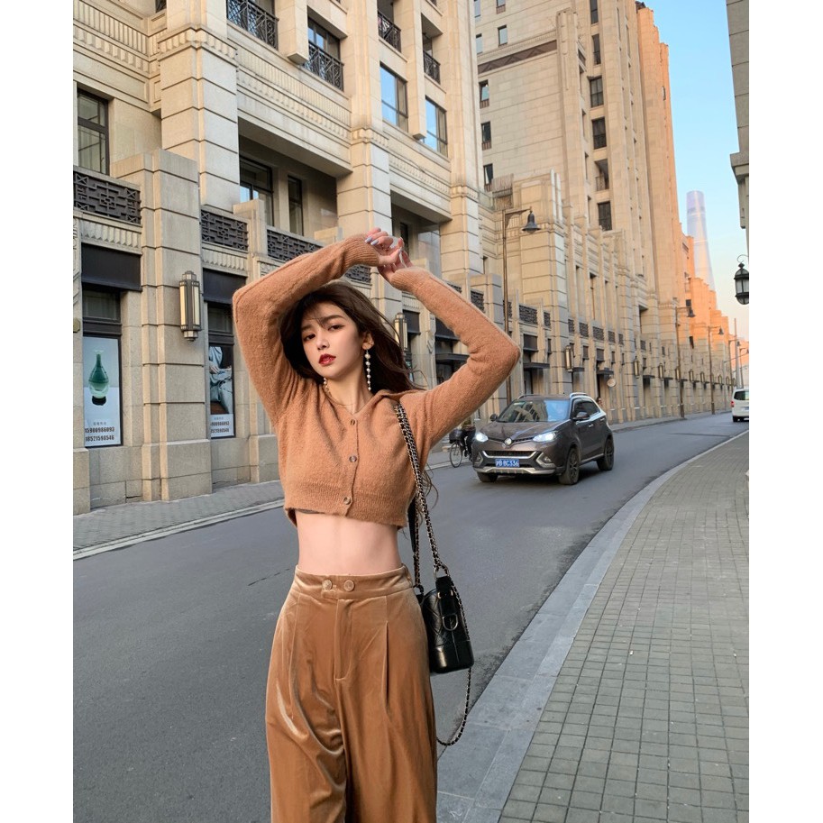 Set áo len lông mịn + quần cạp cao ống suông nhung nữ tính HS109 Hỉn Hỉn Store