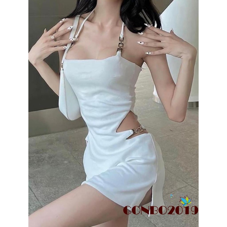 Hgm-đầm Ôm Dáng Không Tay Hai Dây Phối Dây Xích Rỗng Trang Trí Dành Cho Nữ