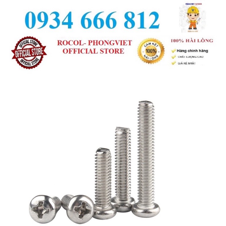 Set 50 cái M3-M6 Vít pake đầu tròn thân bulong inox304 M3, M4, M5, M6