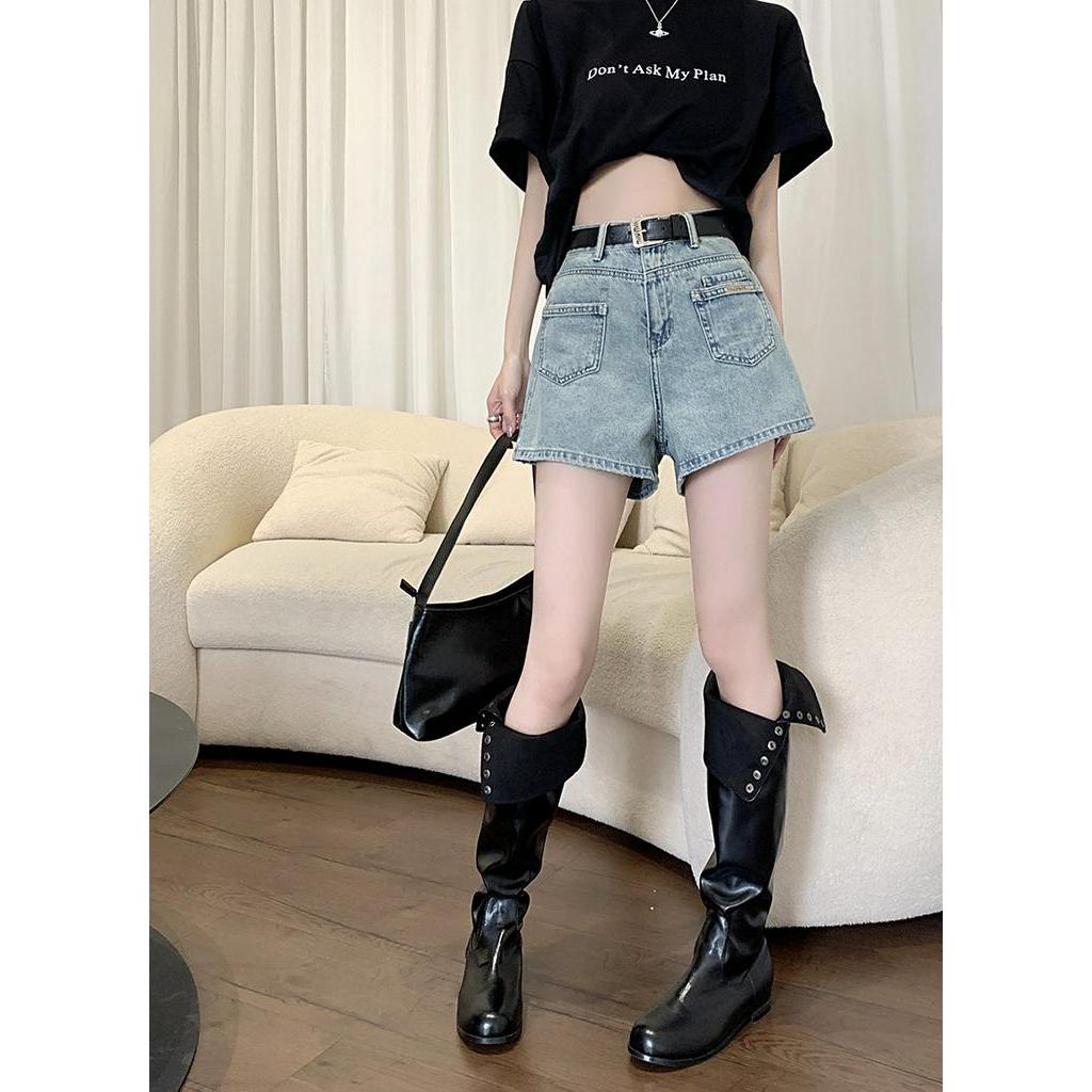 Quần Short Denim Ống Rộng Lưng Cao Phối Hai Túi Phong Cách Hàn Quốc Thời Trang Mùa Hè Hàng Mới 63921