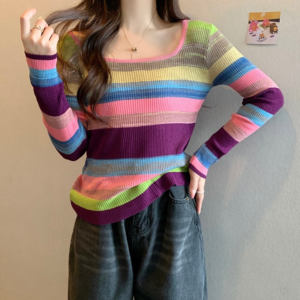 Áo dệt kim ZHELIHANGFEI tay dài dáng ôm họa tiết sọc màu cầu vồng dễ phối đồ thời trang