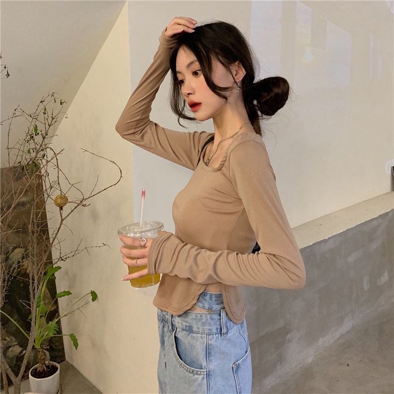 Áo thun tay dài dáng ôm dày dặn phong cách Hàn Quốc thời trang 2 màu lựa chọn cho nữ