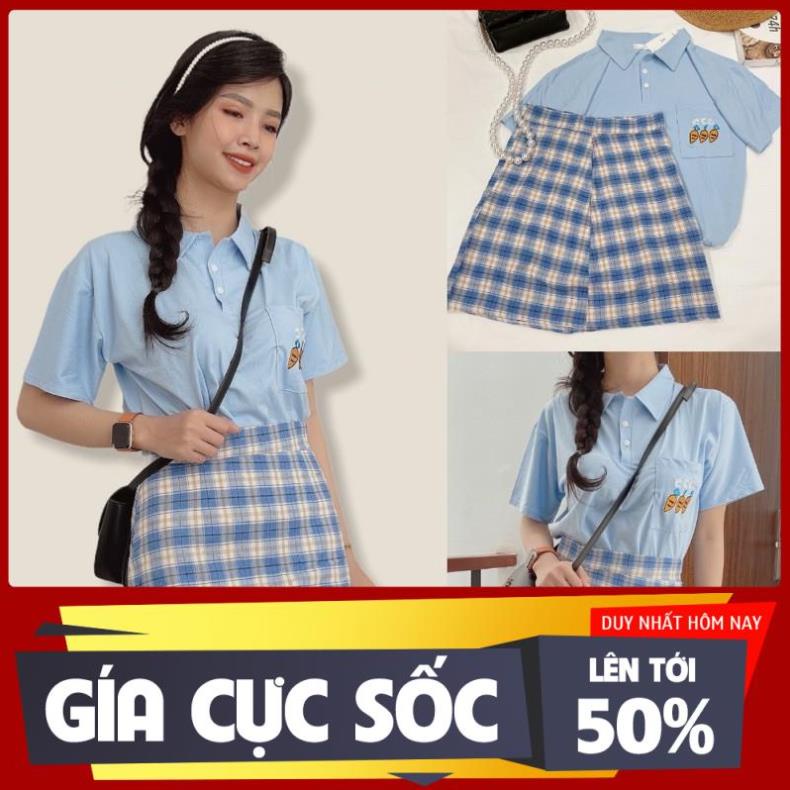 Set Đồ Nữ Ulzzang Áo Phông Tay Lỡ Có cổ + Chân Váy Kẻ Sọc Dáng Chữ A (Có ảnh + video thật) ཾ