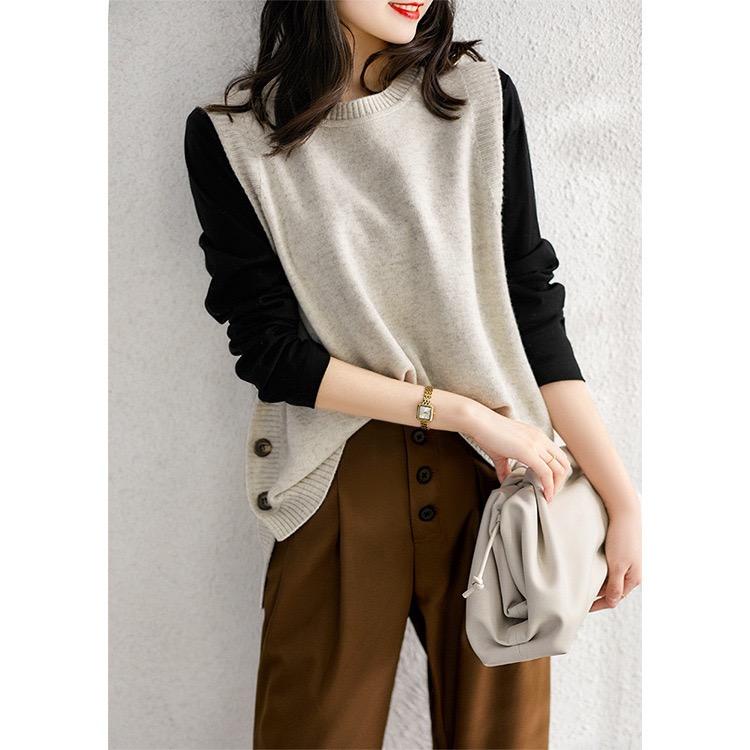 MS846 Áo gile len nữ xẻ tà vạt cao thấp cúc sườn Hàn Quốc