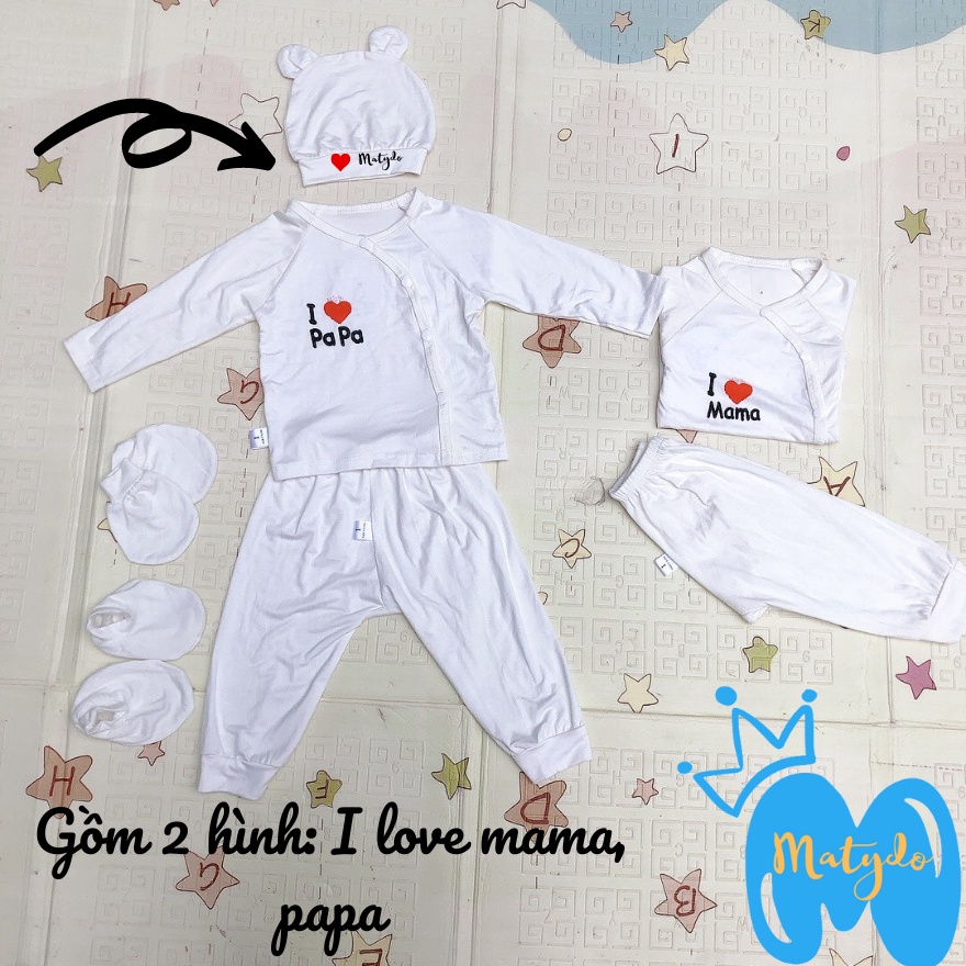 Quần áo sơ sinh set gồm mũ, bao tay, bao chân bé trai bé gái mùa hè đông giá rẻ cho bé MATYDO trắng SS711