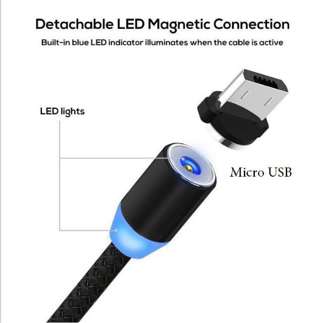 Dây Cáp Sạc Nhanh 2A Android- Cáp Sạc Nam Châm 3 Đầu Iphone | micro USB | Type C Xoay 360 Độ Dây Dù Có LED Cao Cấp