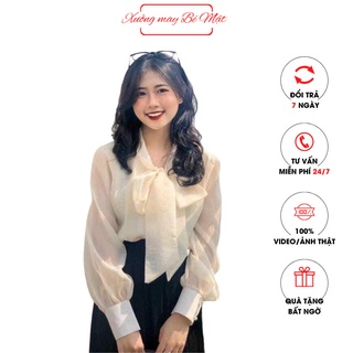 xả kho, Áo sơ mi tay bồng cổ nơ tiểu thư 2 lớp mặc đi chơi, đi làm cực xinh,Áo sơ mi công sở nữ đẹp kiểu Hàn Quốc form