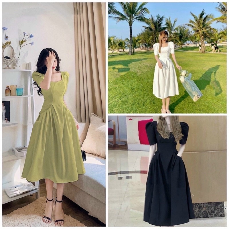ĐẦM DÁNG DÀI CỔ VUÔNG TÚI BÍ DÁNG XOÈ THIẾT KẾ CHUN EO