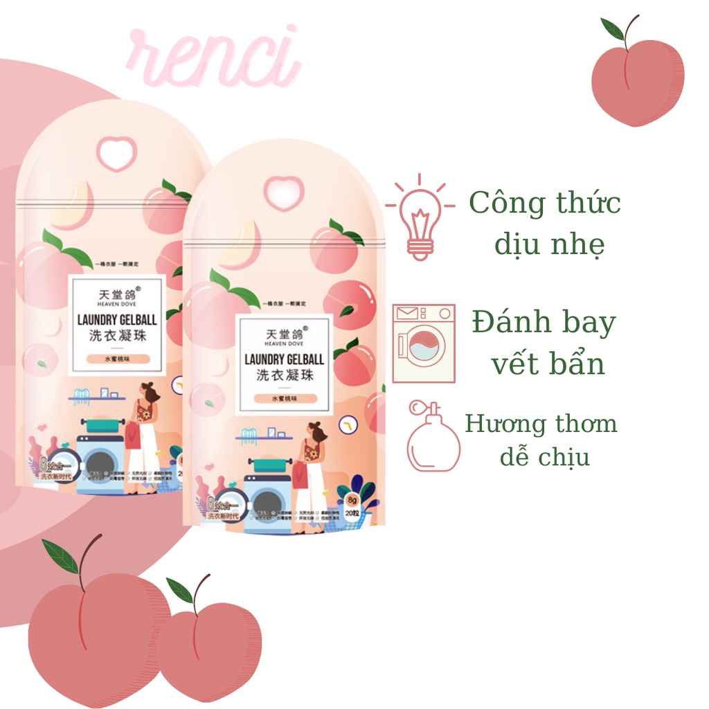 Viên Giặt Xả Hương Đào Tươi Mát Giữ Màu Làm Mềm Quần Áo Lưu Hương Lâu Gói 20 Viên