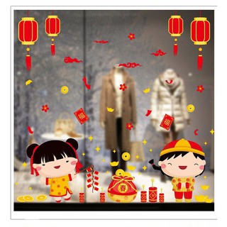 Decal trang trí tết, hình dán trang trí năm mới hai em bé chúc tết (mẫu 12)