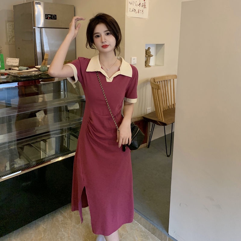 COZOK Đầm Tay Ngắn Cổ Bẻ Xẻ Tà Quyến Rũ Cho Nữ