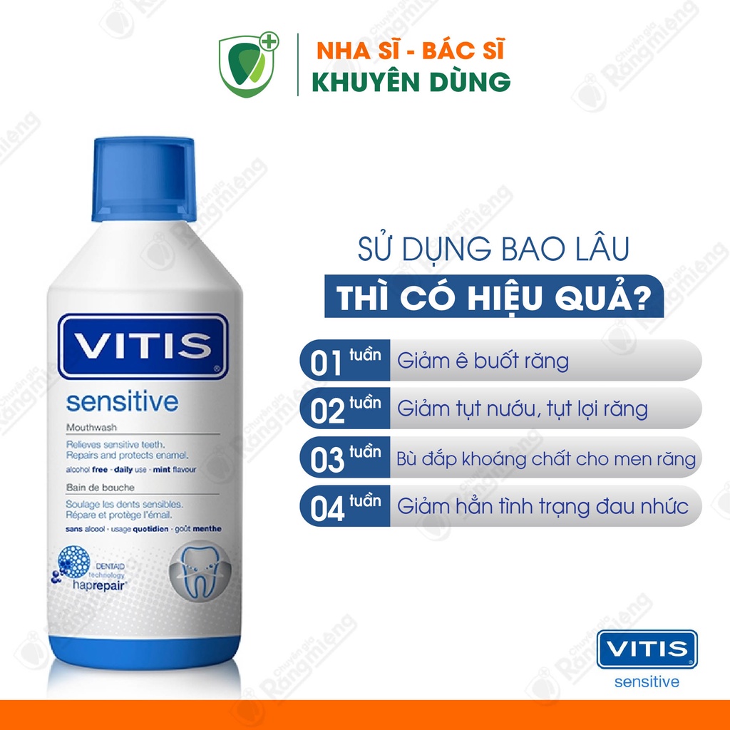 Nước súc miệng chống Ê buốt VITIS Sensitive, Dành cho Răng nhạy cảm, buốt nhức, Bổ sung khoáng chất, Chai lớn 500ml