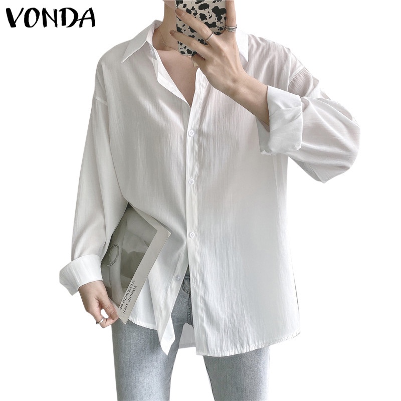 Áo sơ mi VONDA màu trơn tay dài phối hàng nút phong cách giản dị thời trang Hàn Quốc cho nữ