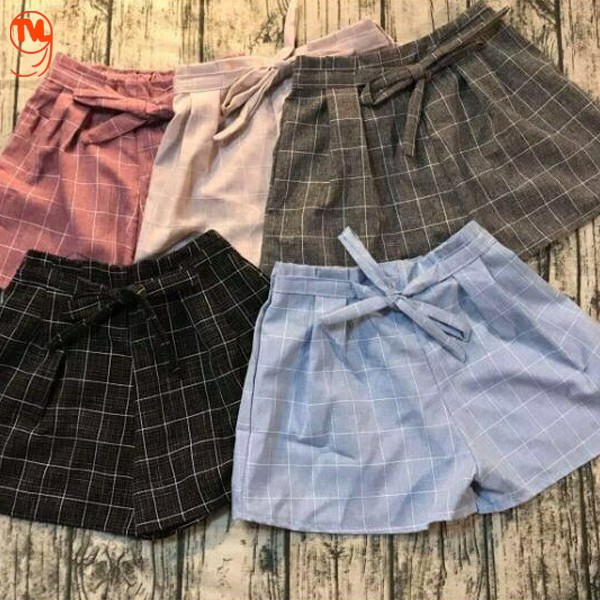 Quần đùi nữ TVL1999 ống rộng dáng giả váy, họa tiết kẻ caro dây buộc nơ đáng yêu chất liệu cotton cao cấp, dễ phối đồ