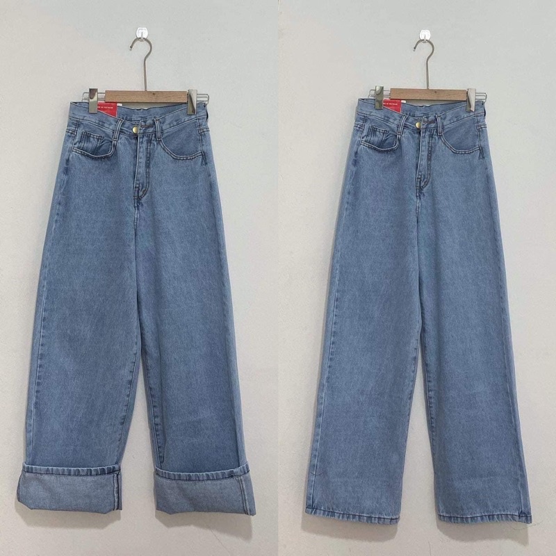 Quần jeans ống rộng xanh trơn lưng cao dáng basic