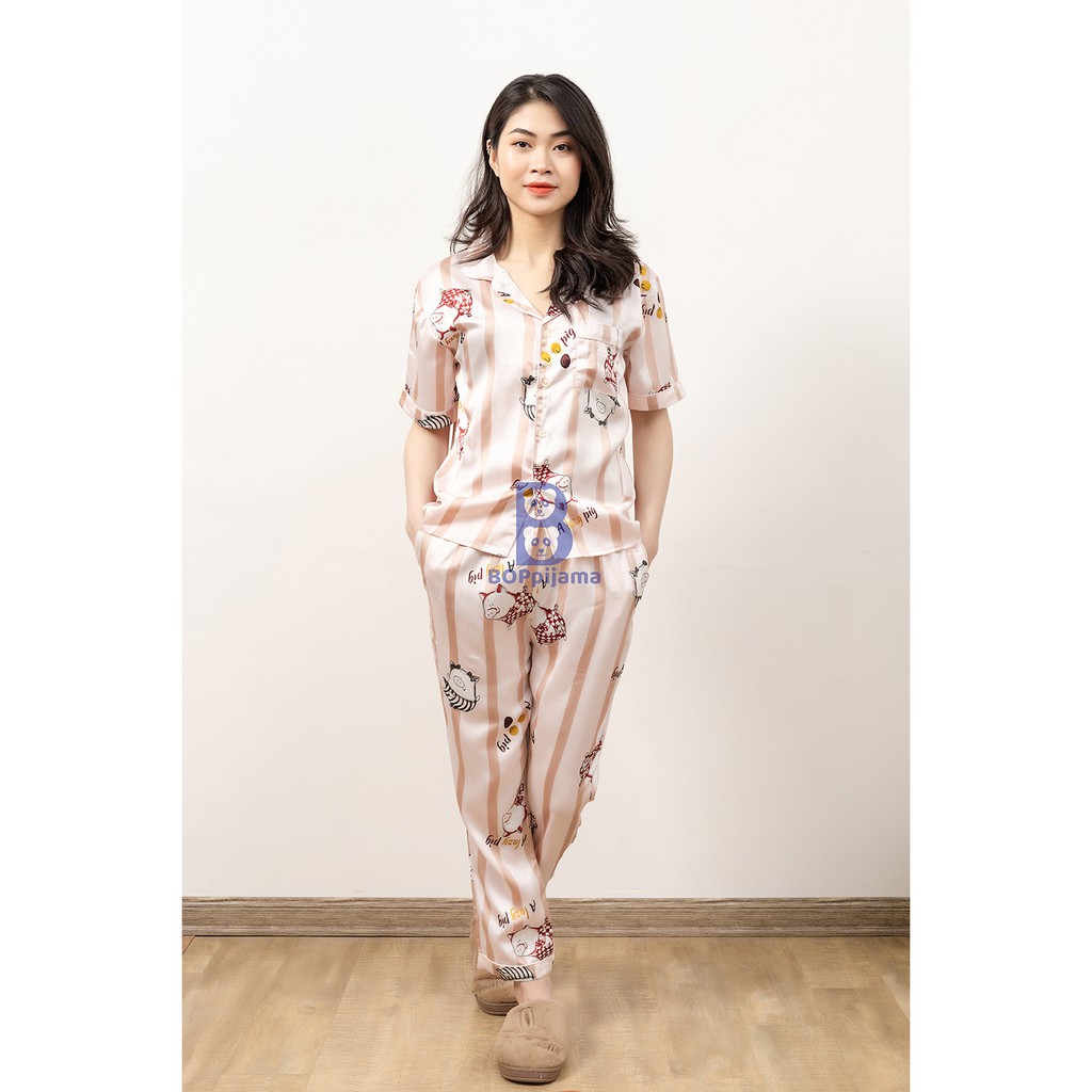 Bộ đồ ngủ nữ pizama tay áo cộc quần dài vải lụa chất mát, thoải mái- HATIBO 07 | BigBuy360 - bigbuy360.vn