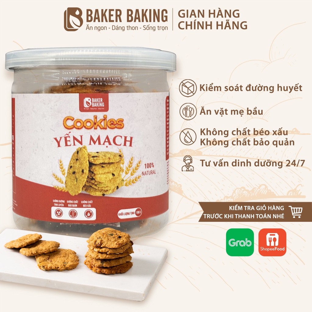 Bánh quy ăn kiêng Baker Baking cookies yến mạch không đường phù hợp cho cả mẹ bầu 100g