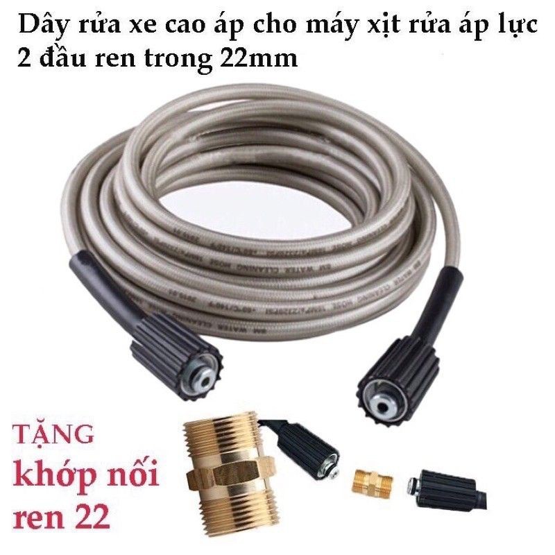 Dây rửa xe 10m-15m-20m áp lực cao 2 đầu ren 22mm tặng kèm khớp nối dây bằng đồng- Dây xịt rửa xe