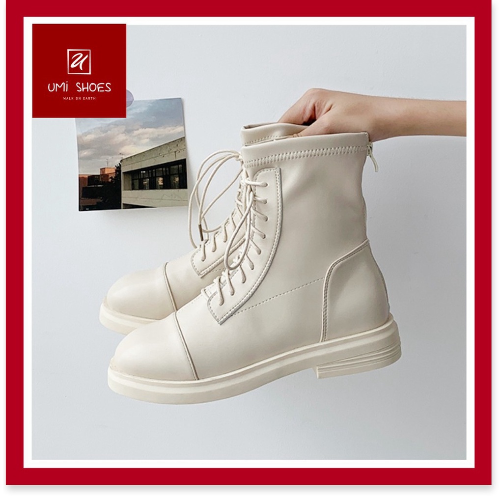 ★ ᗩᗰᗩᘔ𝗜ᑎ𝗚 𝗦𝗛𝗢𝗘𝗦 ★ Giày bốt ulzzang cao cổ buộc dây kéo khóa màu đen/kem đế bằng đơn giản xinh đẹp mẫu mới hot tre