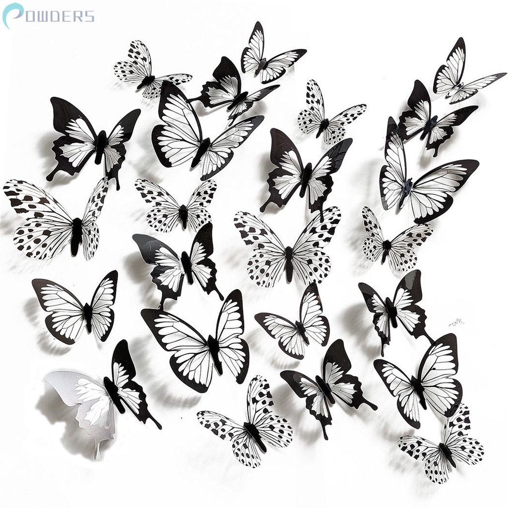 Sticker Dán Tường Hình Con Bướm 3D Màu Trắng Đen, Kích Thước 12 / 24X24X3D