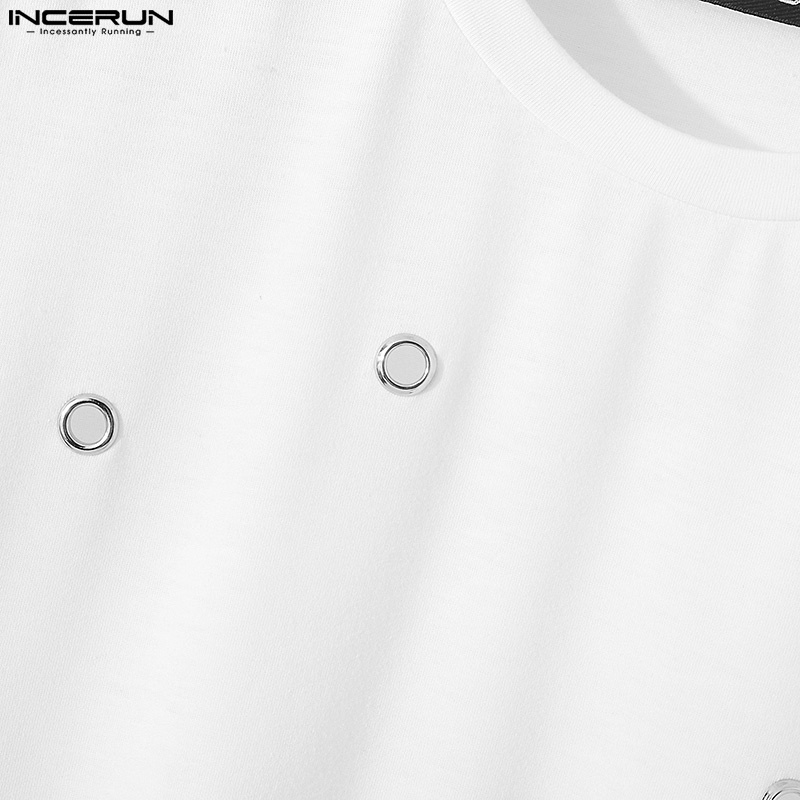 INCERUN Áo Thun Tay Ngắn Cổ Tròn Màu Trắng Thiết Kế Đơn Giản Thời Trang Dành Cho Nam
