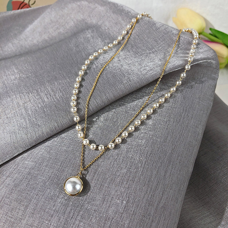 [Women Elegant Korean Retro Pearl Metal Double Layer Pendant Necklace ][Ladies Fashion Contracted Joker Collarbone Chain Double Pearl Necklace][Girls Jewelry Accessoriess Gifts]