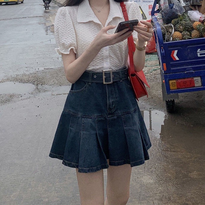 Chân Váy Jean Chữ A Lưng Cao Xếp Ly Thời Trang Mùa Hè Phong Cách Hàn Quốc Cho Nữ