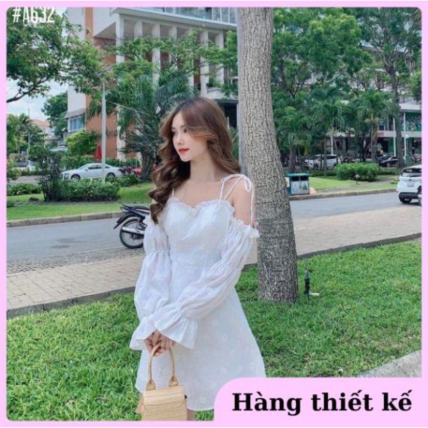 ( Hàng cao cấp ) Đầm trễ vai cute in hoa cúc nổi cột nơ vai nữ tính [KÈM ẢNH THẬT]