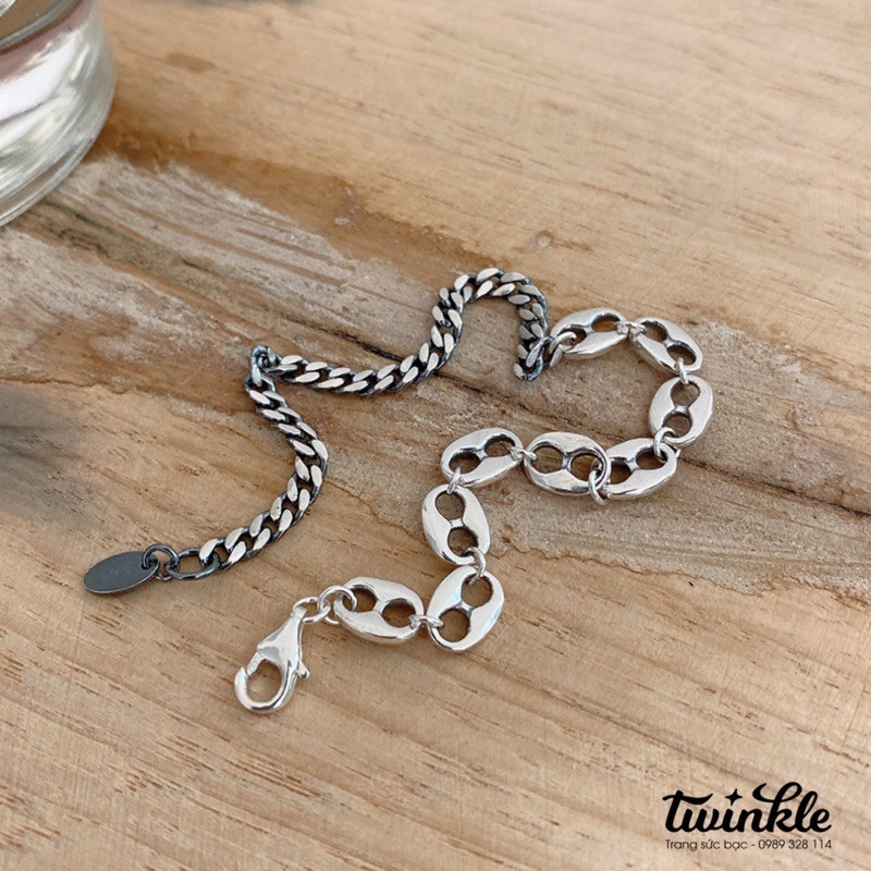 Lắc tay bạc Thái cá tính xi đen móc xích nối đơn giản dễ phối - Twinkle Silver