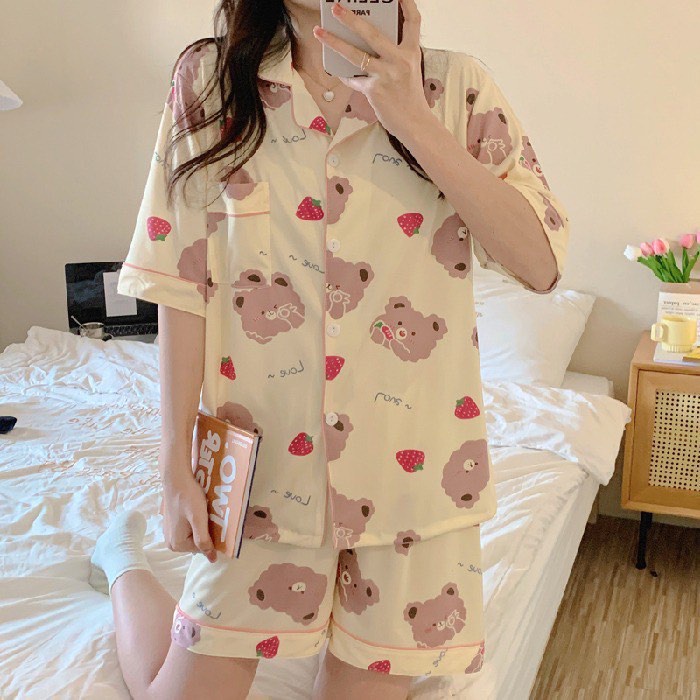 Bộ pijama đùi Kate thô freesize&lt;60kg