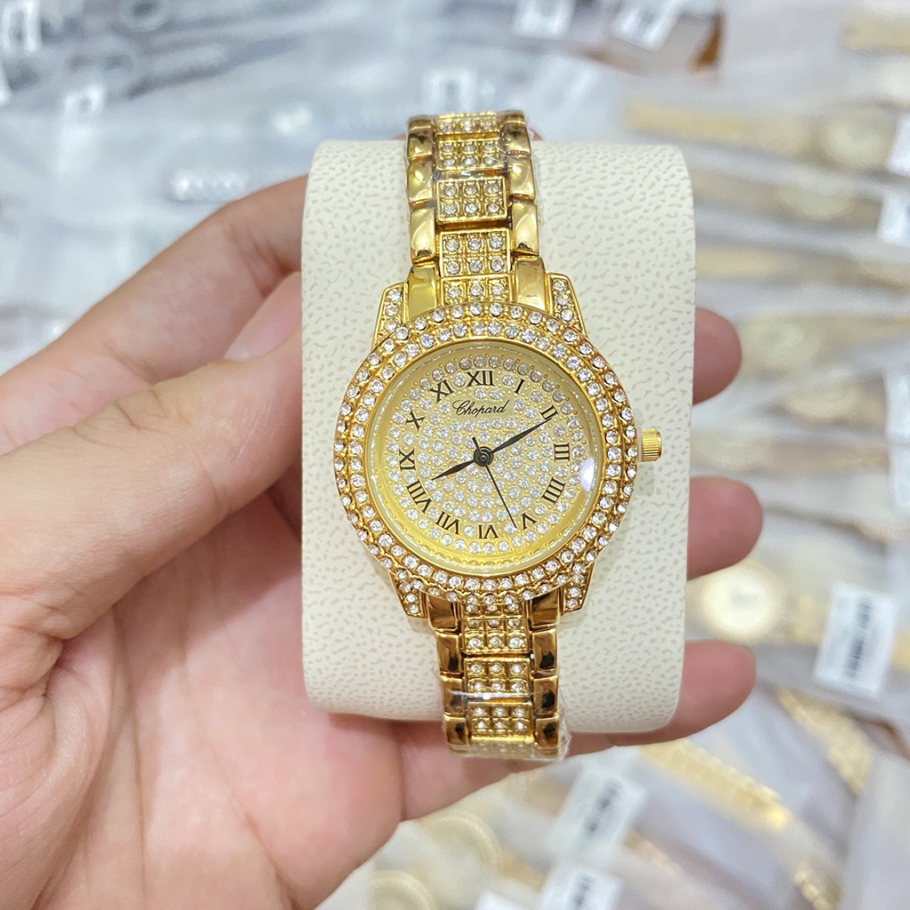 đồng hồ nữ chopard mặt tròn đính đá dây thép không gỉ sang trọng, chống nước, bảo hành 12 tháng