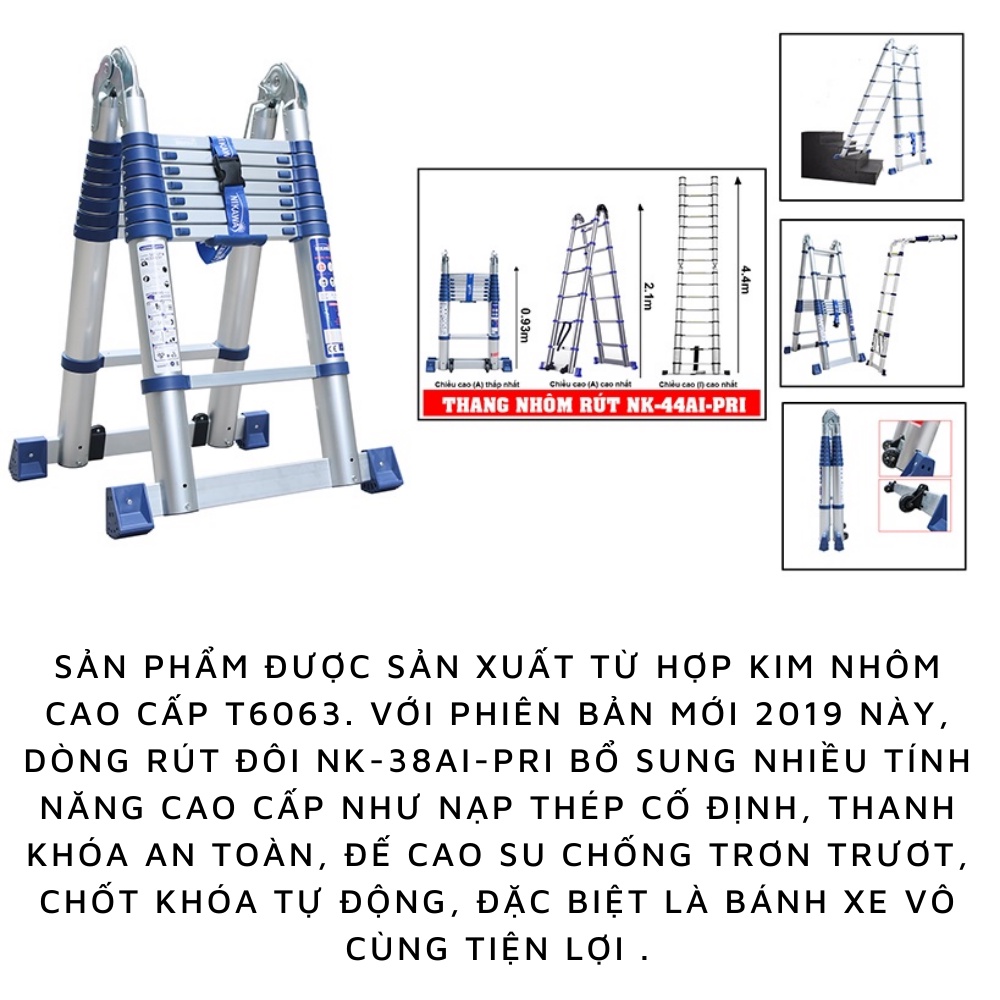 Thang nhôm rút đôi chữ A Nikawa NK-38AI-Pri, chiều cao chữ A 1.9m, 6 bậc, nhập khẩu Nhật Bản, bảo hành chính hãng