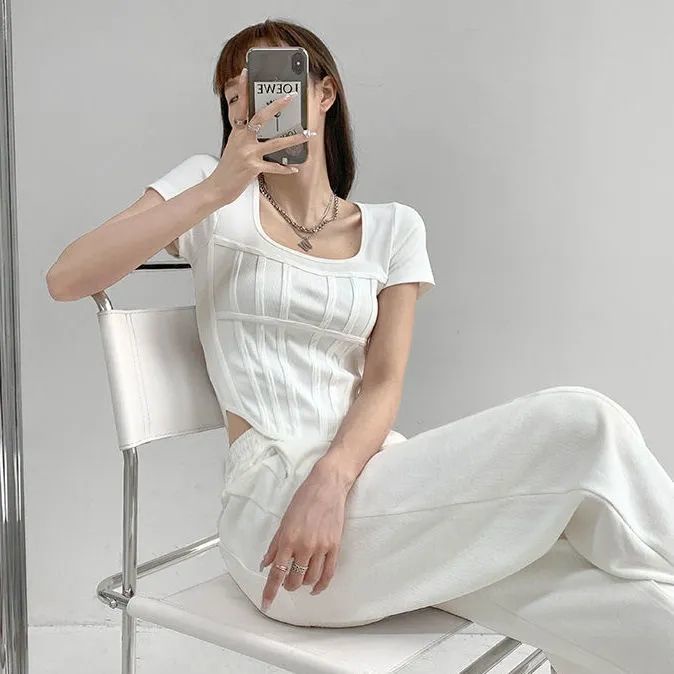 Áo Croptop Dệt Kim Cổ Vuông Thời Trang Mùa Hè Quyến Rũ Cho Nữ