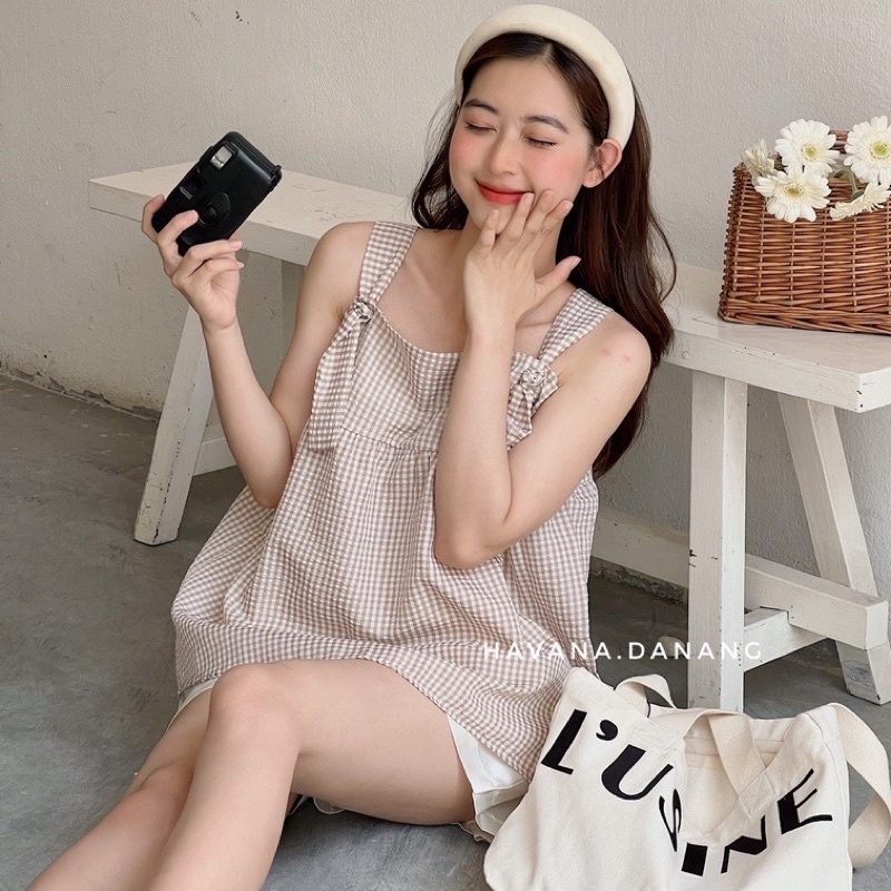 Set áo babydoll, Bộ đồ áo kẻ chất đũi xốp kèm quần short trắng