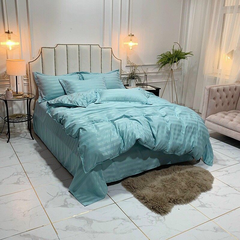 Bộ Chăn Ga CottonTici Nhập khẩu 3F kẻ sọc Xanh ngọc