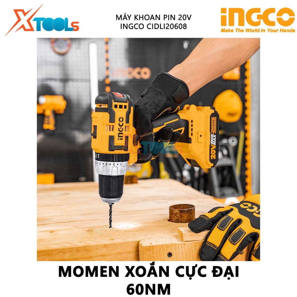 Máy khoan búa dùng pin 3 chức năng 20V INGCO CIDLI20608 motor không chổi than, tốc độ 450-1900rpm, tốc độ đập 22500/min