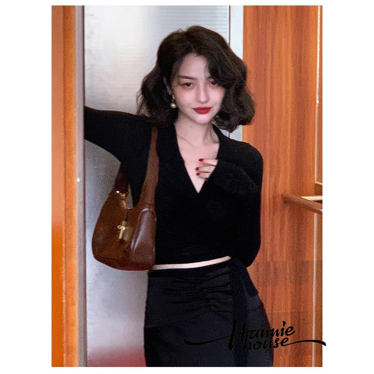 Áo dệt kim cột dây tay dài cổ chữ V màu trơn dành cho bạn nữ