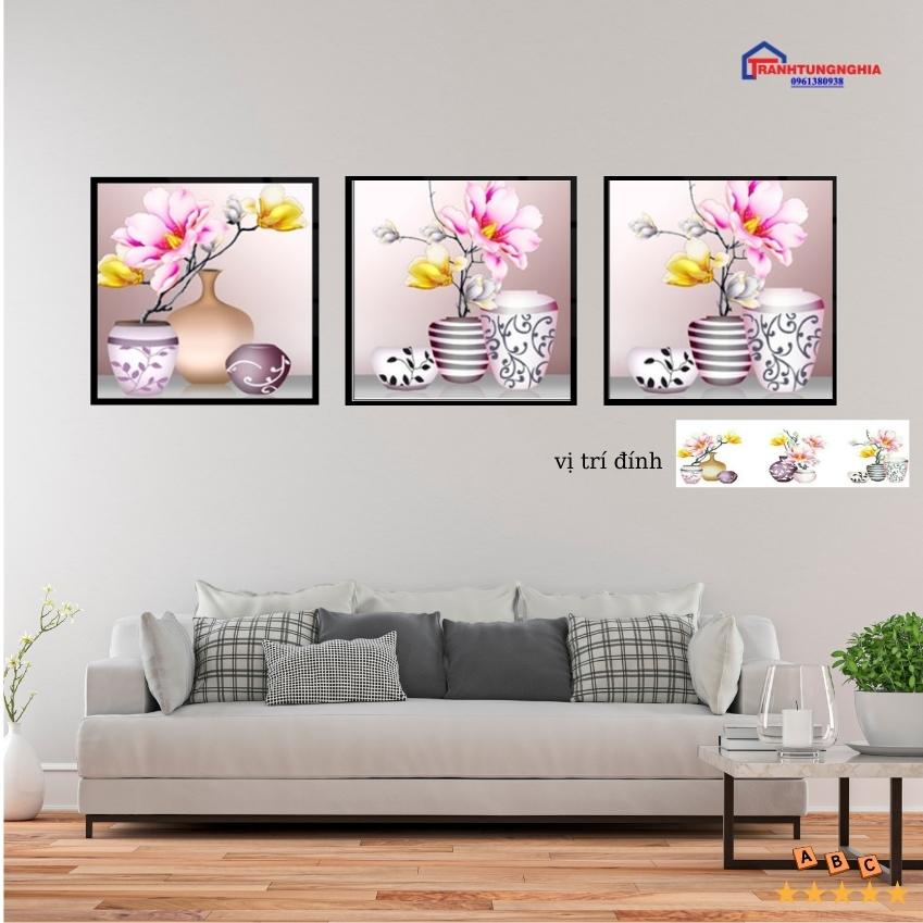 Tranh đính đá, tranh thêu chữ thập binh hoa bộ 3 bức