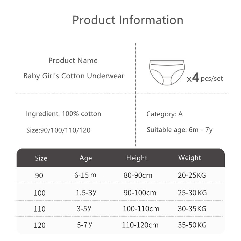 Set 4 Quần Lót cotton Màu Trơn Bảo Vệ Riêng Tư Cho Bé Gái 6 Tháng-7 Tuổi