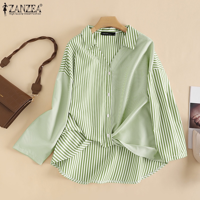 Áo sơ mi ZANZEA tay dài họa tiết kẻ sọc trẻ trung thời trang dành cho nữ