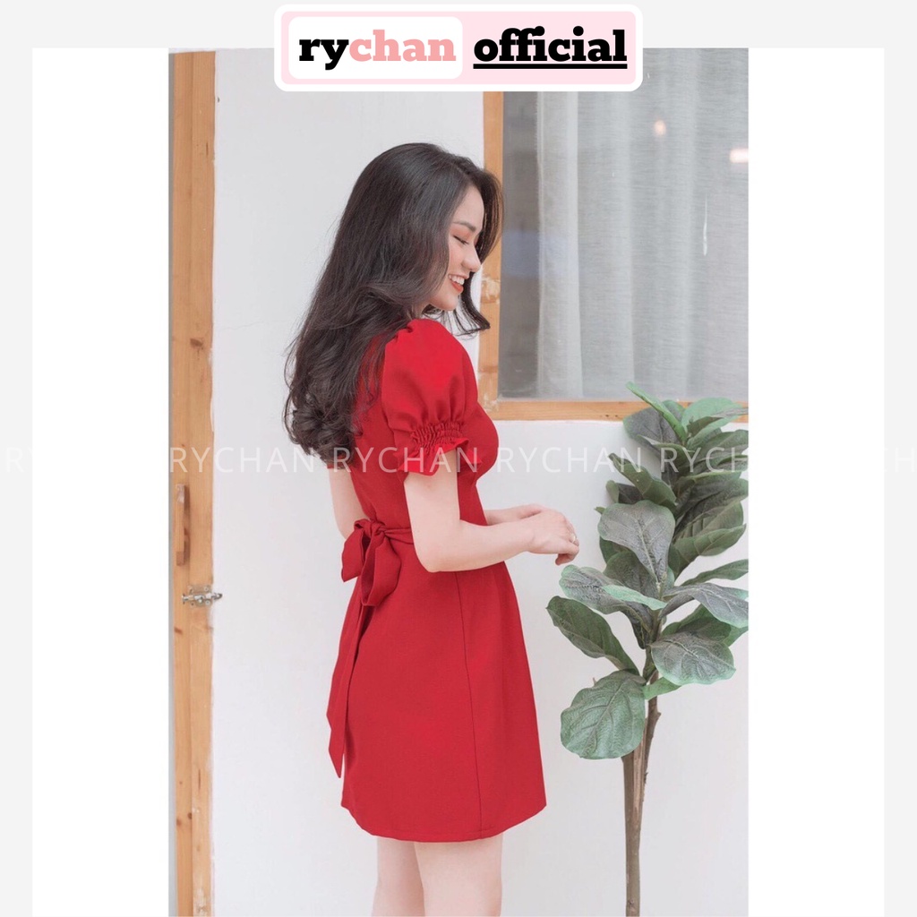 DX870 - Đầm Xòe Xếp Li Cột Nơ Lưng Cổ Tròn Tay Ngắn Bo Chun 2 Màu Vàng Đỏ [ẢNH THẬT CUỐI]