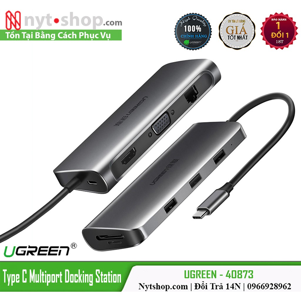 Bộ Chuyển USB Type-C ra HDMI + VGA + Lan + USB 3.0 + Card TF/SD + PD Charging Cao Cấp UGREEN 40873