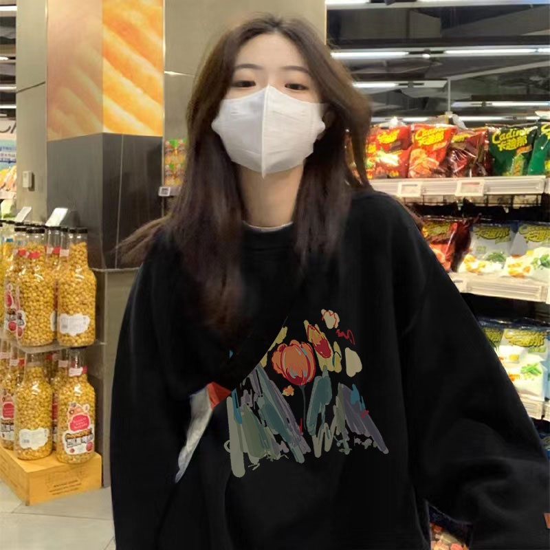 Áo sweatshirt ZHELIHANGFEI tay dài họa tiết hoa tulip phong cách đi học dễ phối đồ trẻ trung